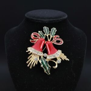 Vintage Red Enamel Christmas Bell Brooch w/ Rhinestones – Holiday Festive Pin